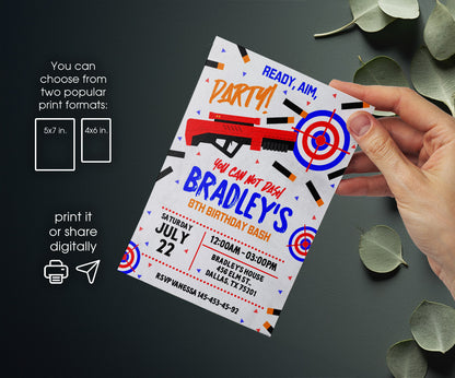 NERF Dart Wars customizable invitation template | Share or Print | boy | AE179