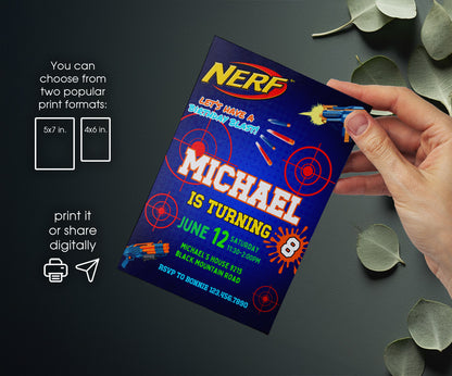 NERF Dart Wars customizable invitation template | Share or Print | boy | FW147