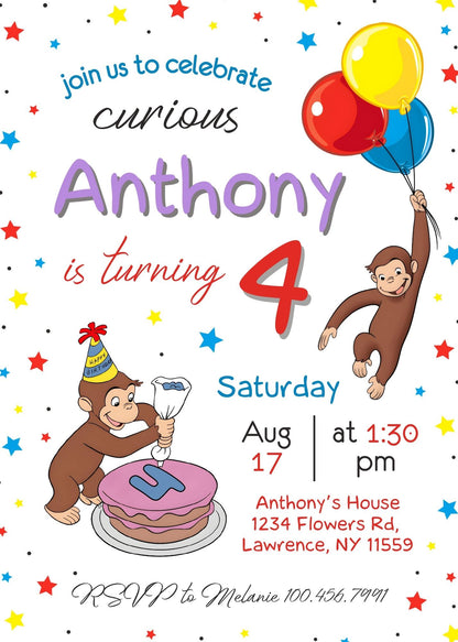 Curious George Monkey customizable invitation template | Share or Print | BV965
