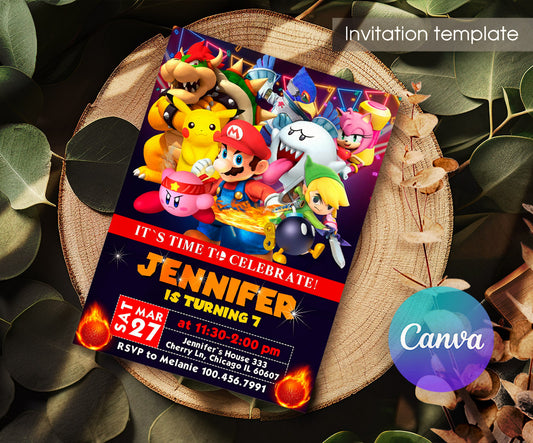 Super Smash Mario Bros customizable invitation template | Share or Print | MT760