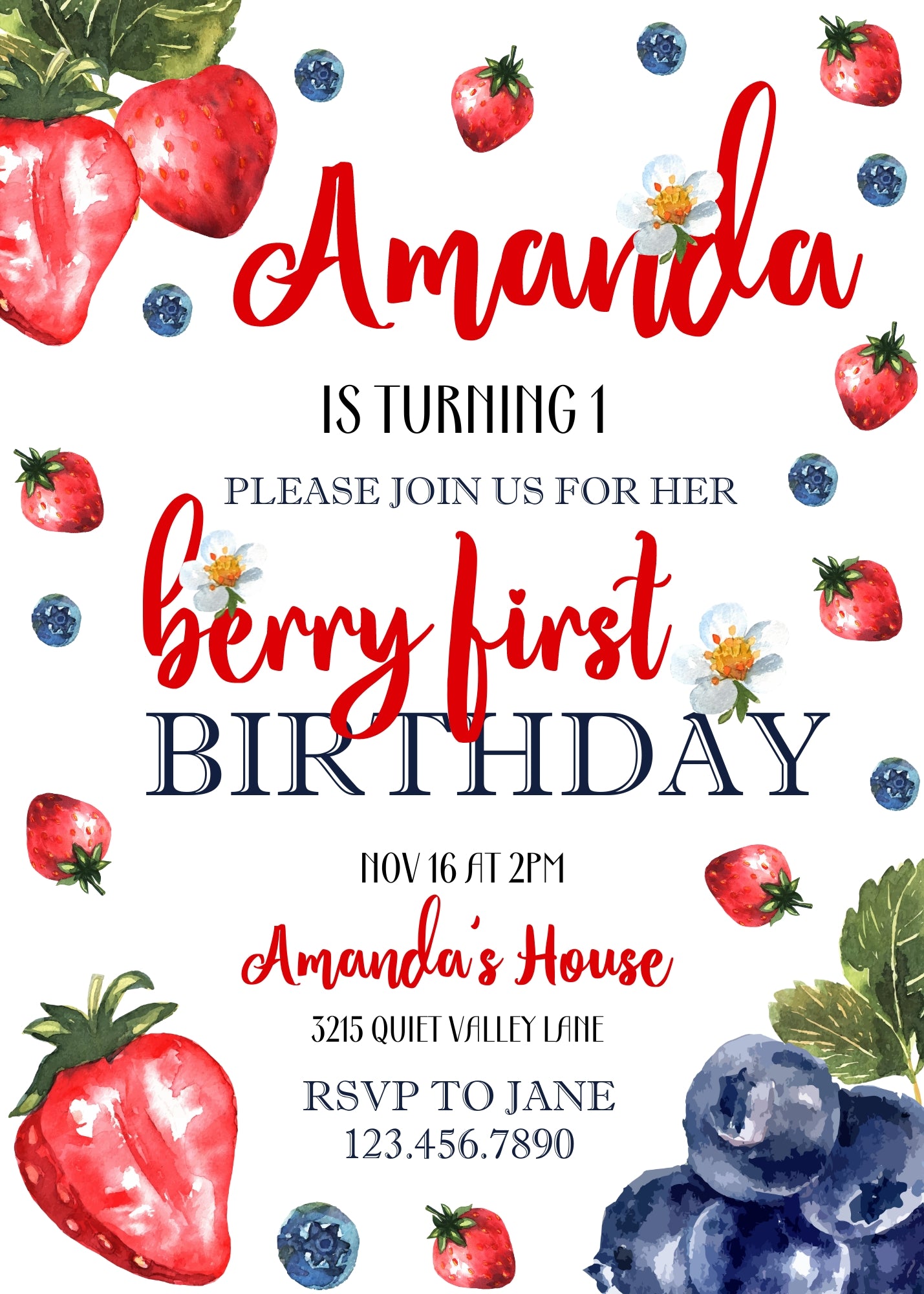 Berry First Birthday customizable invitation template | Share or Print | girl | GC920