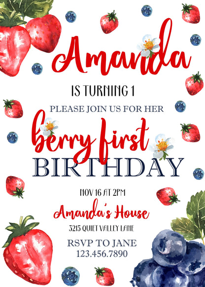 Berry First Birthday customizable invitation template | Share or Print | girl | GC920