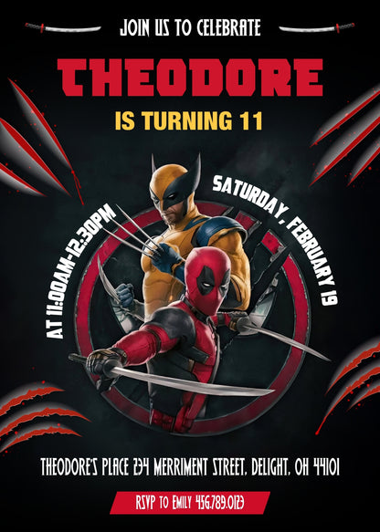 Deadpool Wolverine Marvel customizable invitation template | Share or Print | boy | VV412