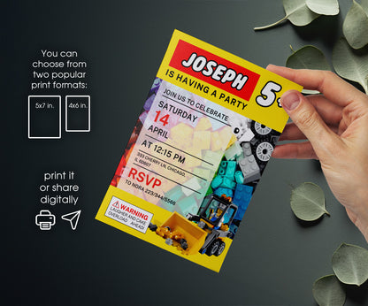 Lego Excavator customizable invitation template | Share or Print | boy | SL620