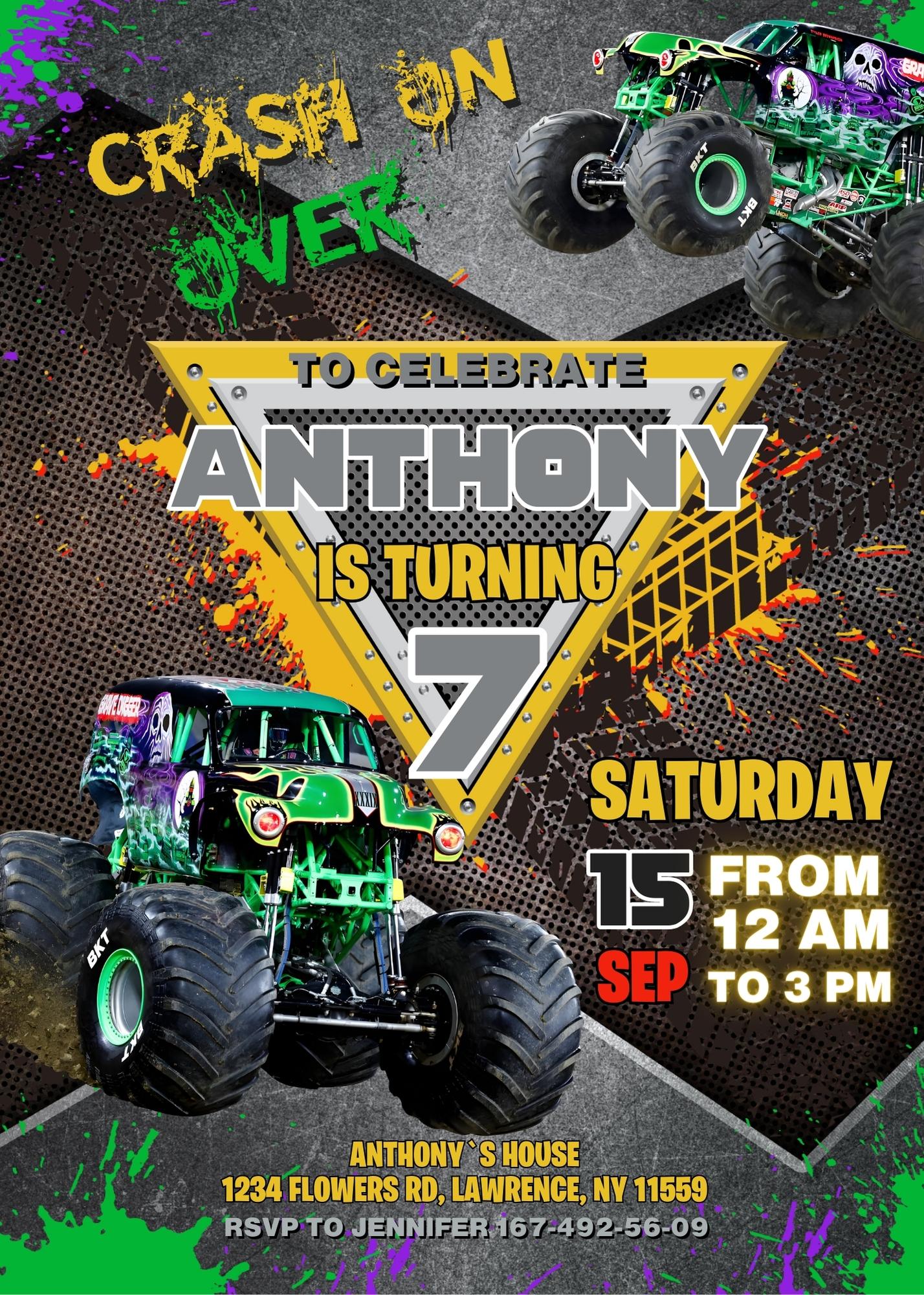 Garve Digger Monster Jam Truck customizable invitation template | Share or Print | boy | WJ462
