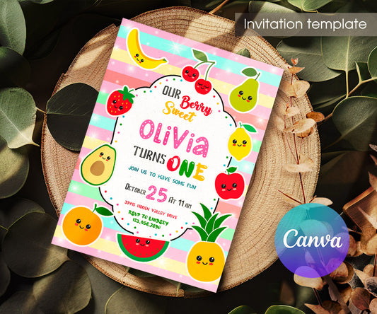 Hey Bear Sensory Dancing Fruits customizable invitation template | Share or Print | KW326