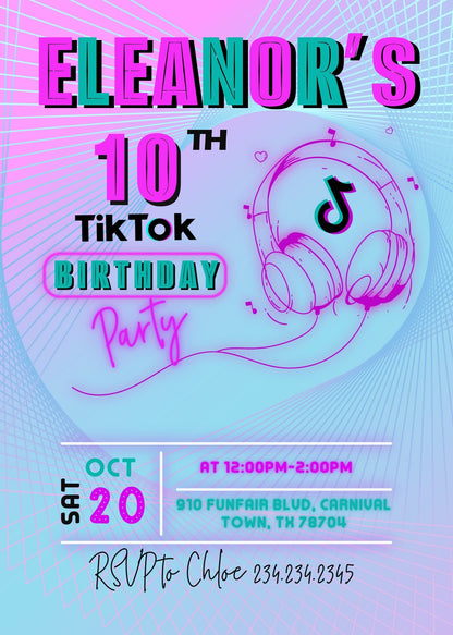 Tik Tok Party customizable invitation template | Share or Print | FC700