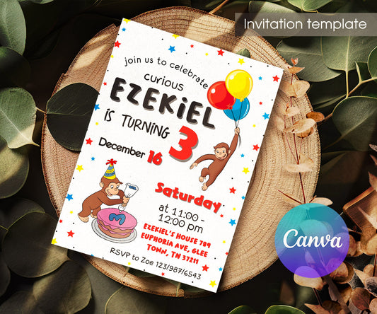 Curious George Monkey customizable invitation template | Share or Print | HA546