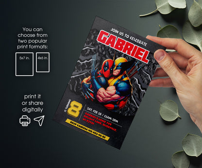 Deadpool Wolverine Marvel customizable invitation template | Share or Print | boy | UX788