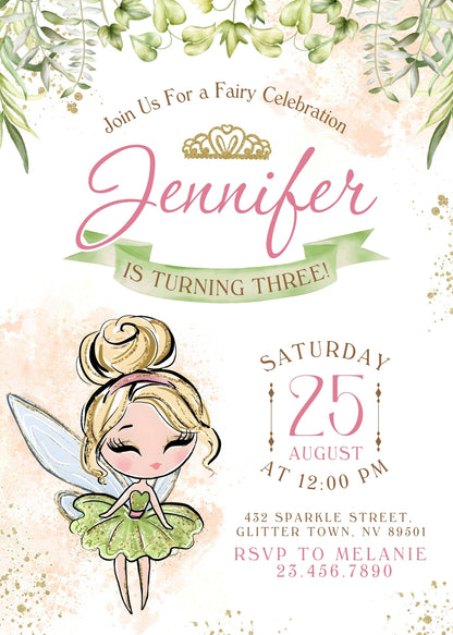 Tinker Bell Fairy Princess customizable invitation template | Share or Print | girl | BC408
