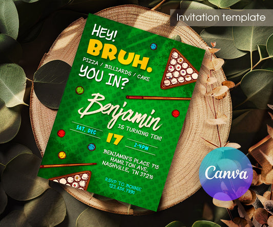 Bruh Billiard customizable invitation template | Share or Print | boy | UP811