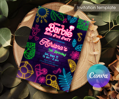 Barbie Pool Pink customizable invitation template | Share or Print | girl | OK645