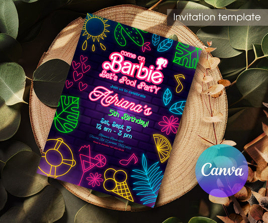 Barbie Pool Pink customizable invitation template | Share or Print | girl | OK645