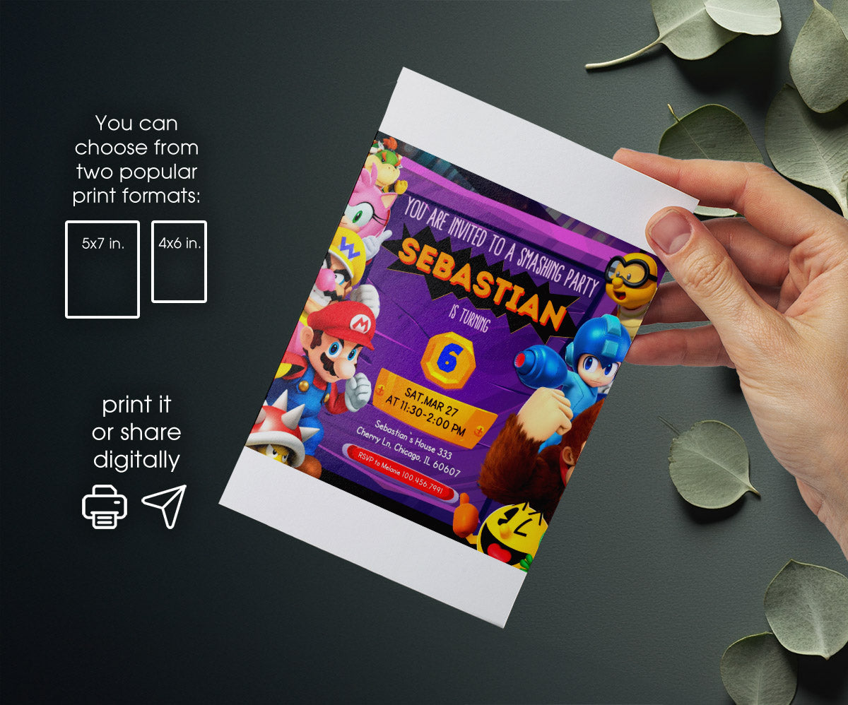 Super Smash Mario Bros customizable invitation template | Share or Print | DH608
