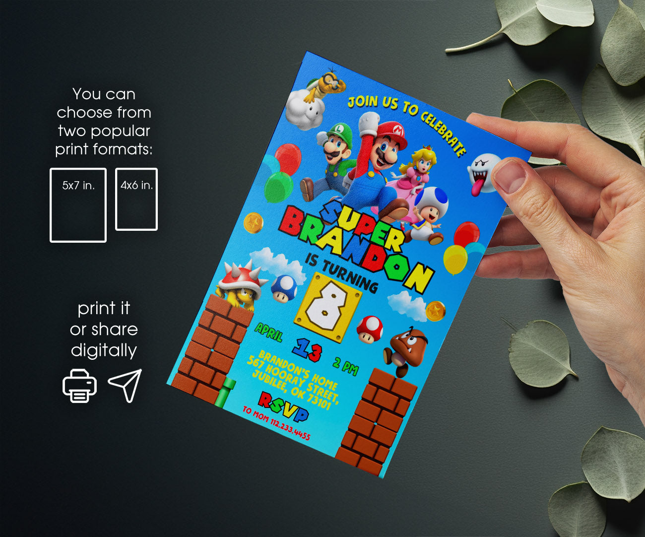 Super Mario Bros customizable invitation template | Share or Print | OI153