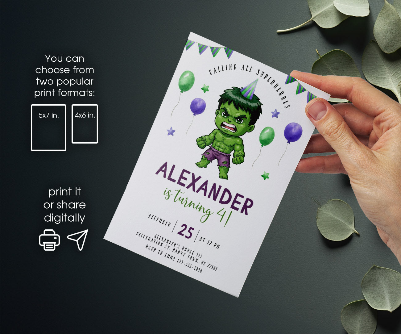 Hulk The Avengers Marvel Superhero customizable invitation template | Share or Print | boy | CI797