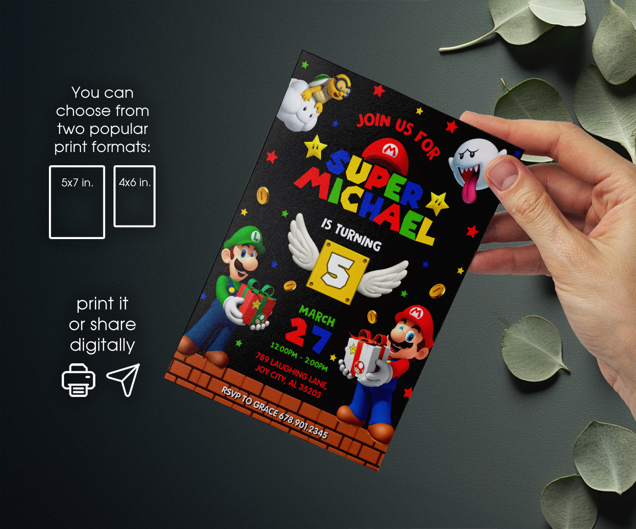 Super Mario Bros customizable invitation template | Share or Print | KC879