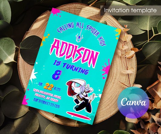 Spider Gwen Ghost Spidey customizable invitation template | Share or Print | girl | JS346
