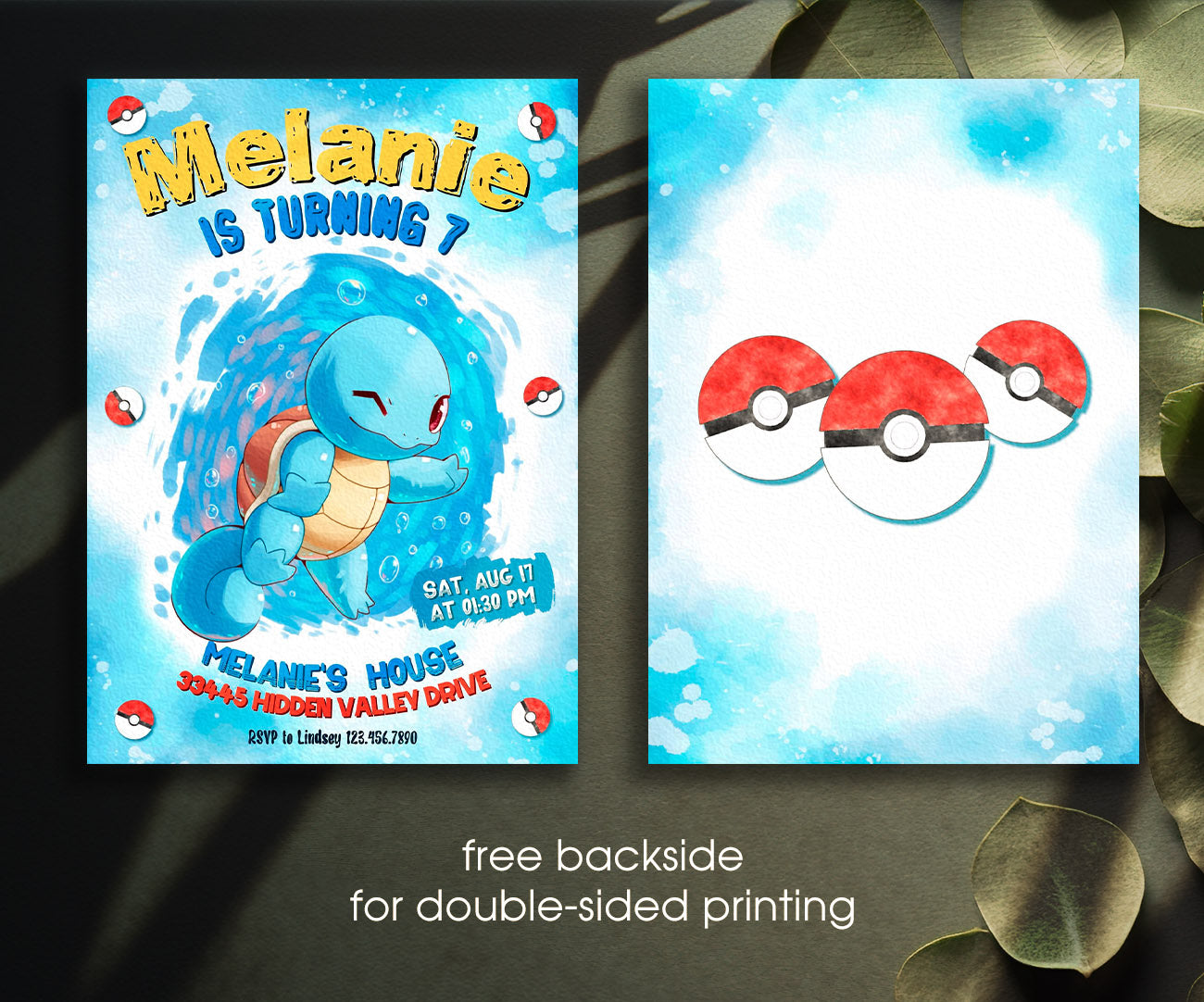 Squirtle Pokemon Anime customizable invitation template | Share or Print | XJ683