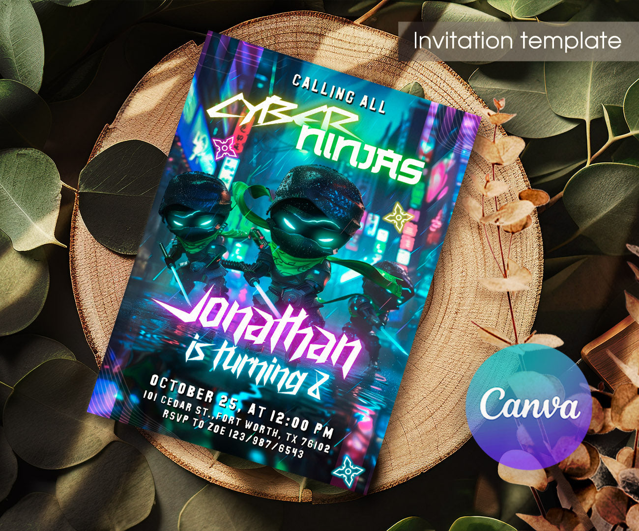 Neon Ninja customizable invitation template | Share or Print | PN049