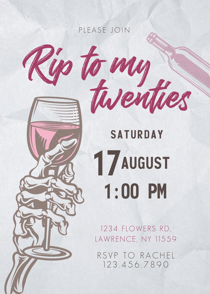 Rip Twenties Birthday customizable invitation template | Share or Print | DL655