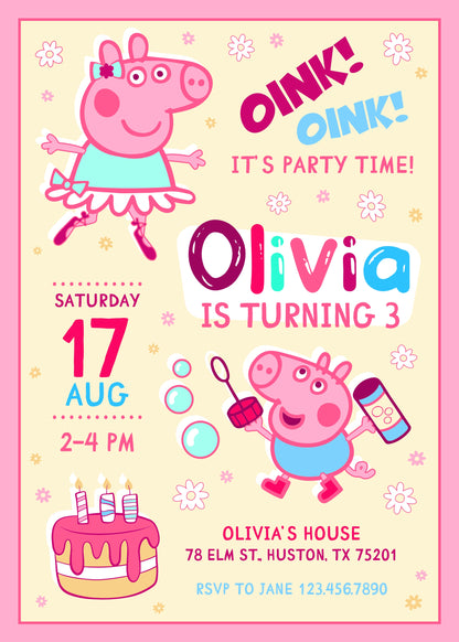 Peppa Pig customizable invitation template | Share or Print | girl | ZT883