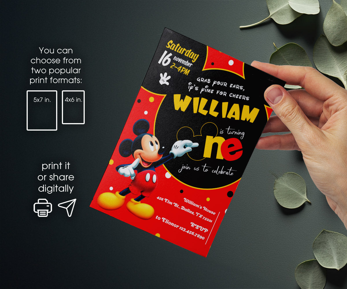 Mickey Mouse 1st Birthday customizable invitation template | Share or Print | ND898