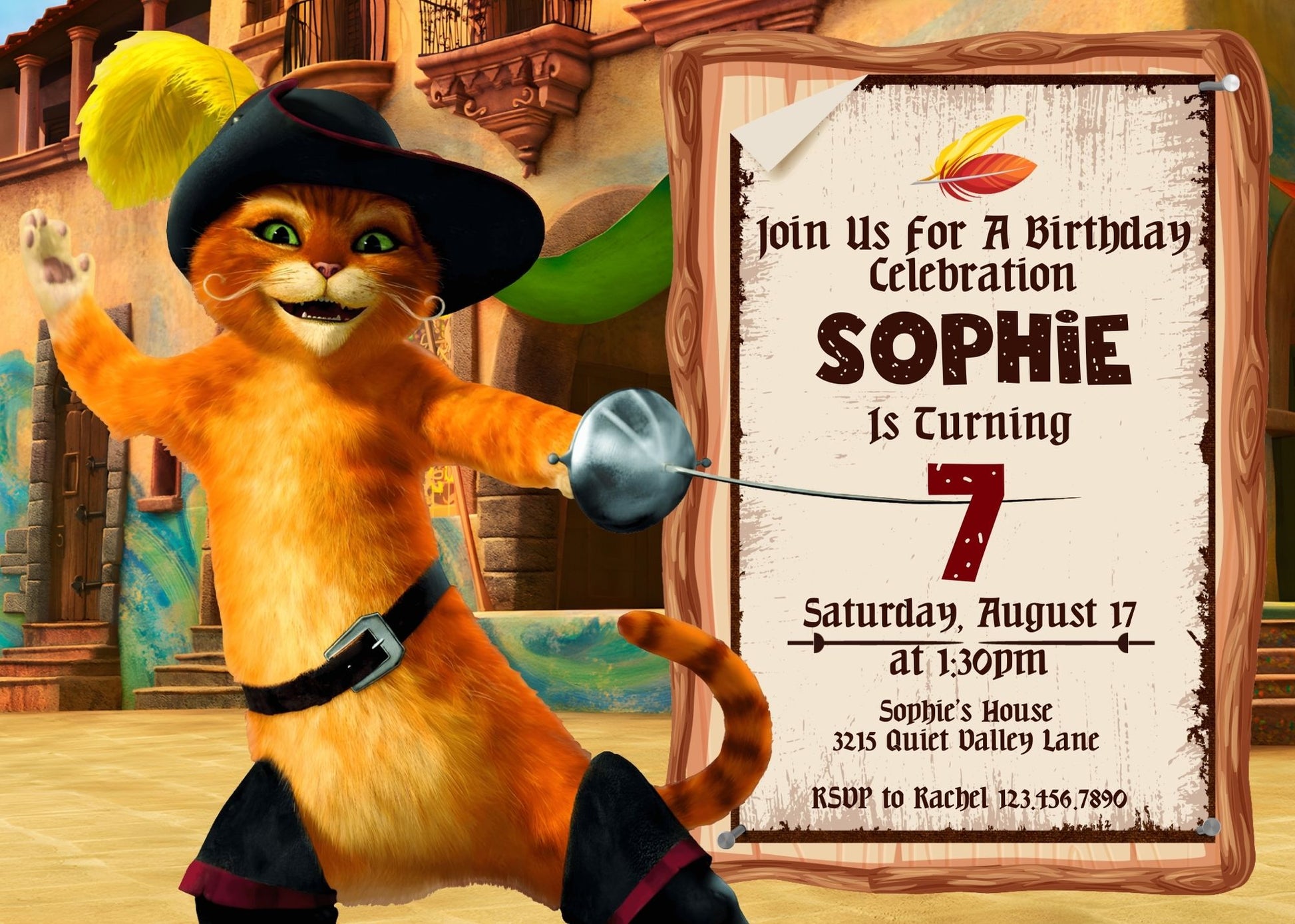 Puss in Boots Cat Shrek customizable invitation template | Share or Print | TS973