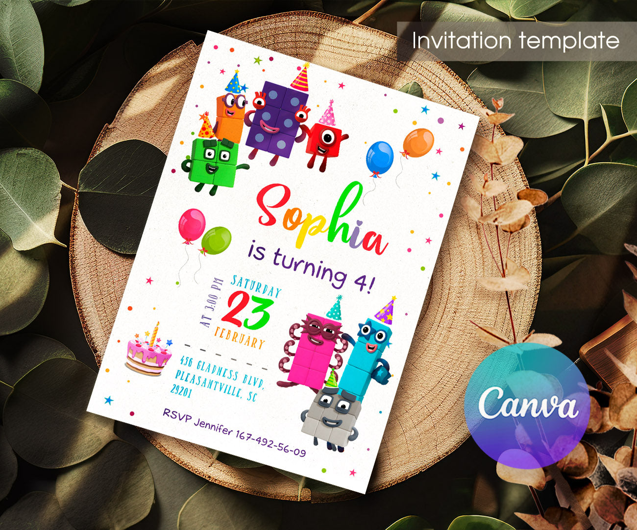 Numberblocks customizable invitation template | Share or Print | SD824