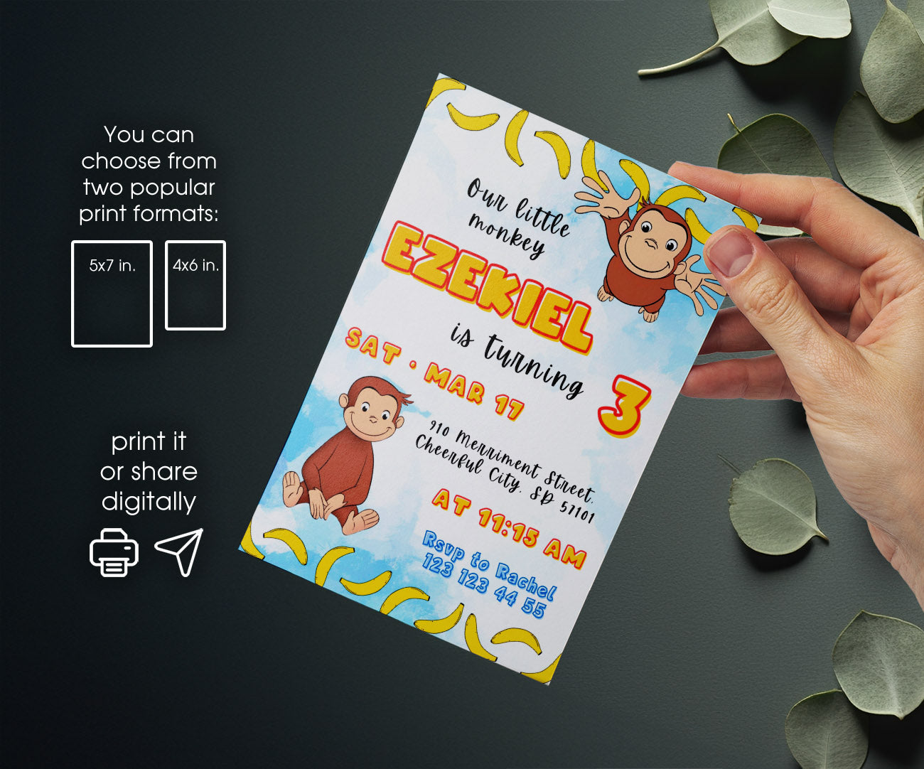 Curious George Monkey customizable invitation template | Share or Print | BA591