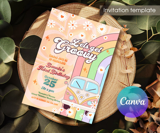Groovy Retro Van customizable invitation template | Share or Print | UI678