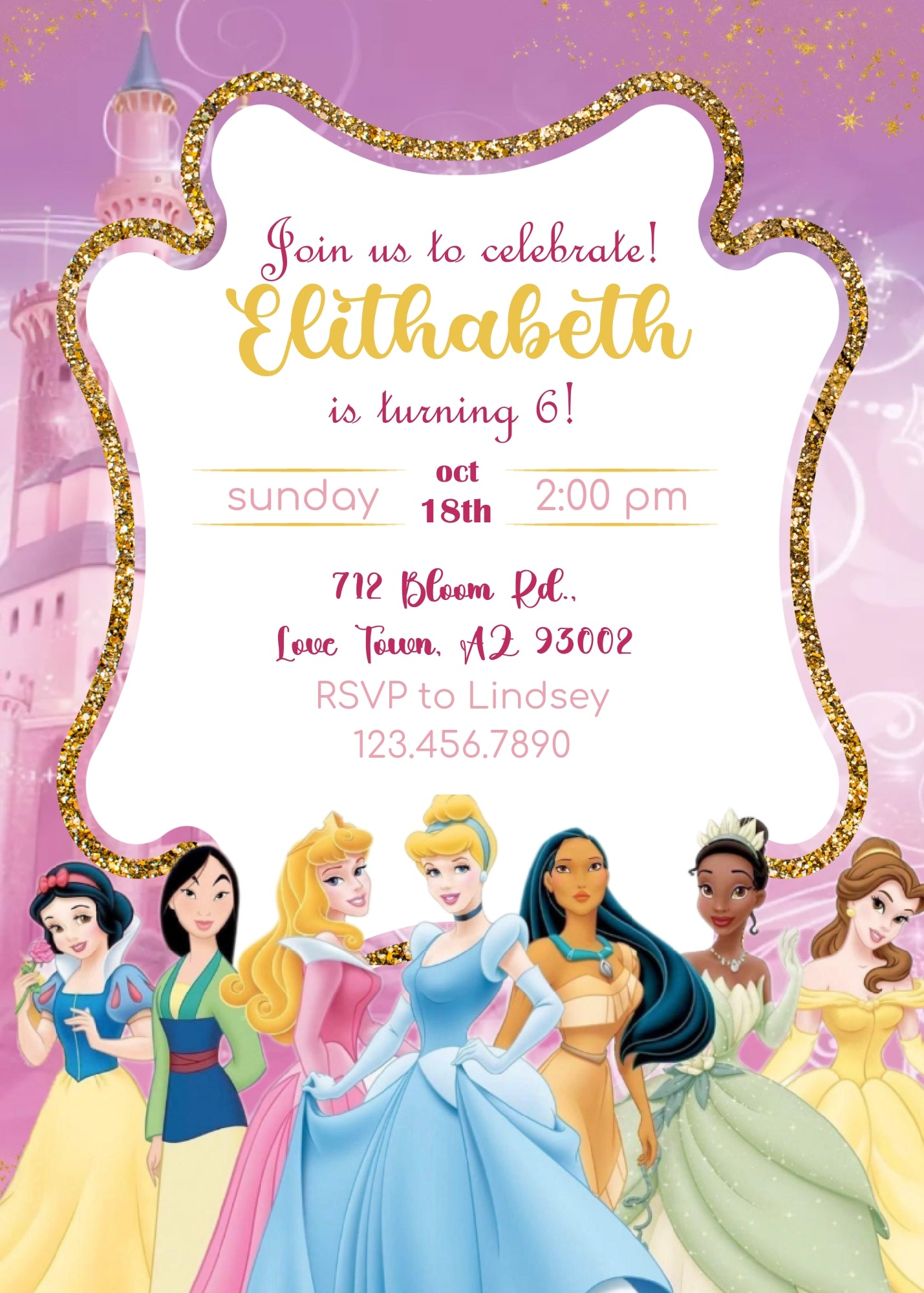 Disney Princess customizable invitation template | Share or Print | girl | XY474