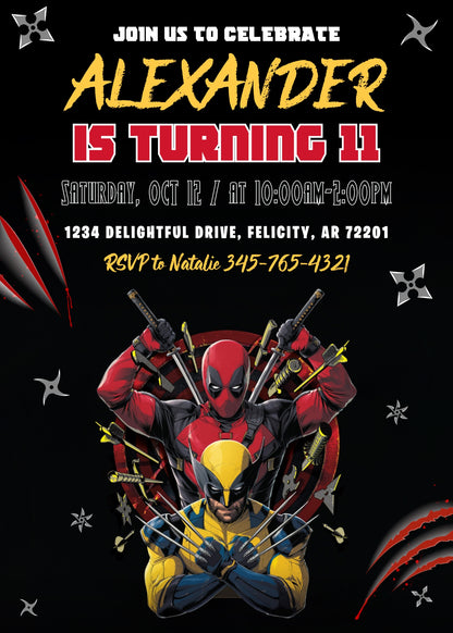 Deadpool Wolverine Marvel customizable invitation template | Share or Print | boy | DH775