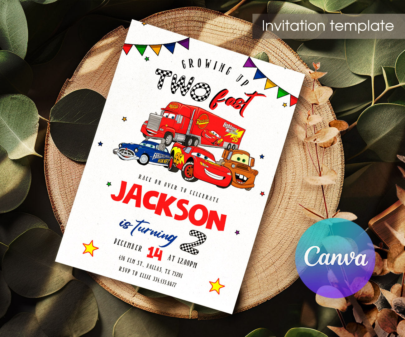 Cars Lightning Mcqueen Two customizable invitation template | Share or Print | boy | KK780