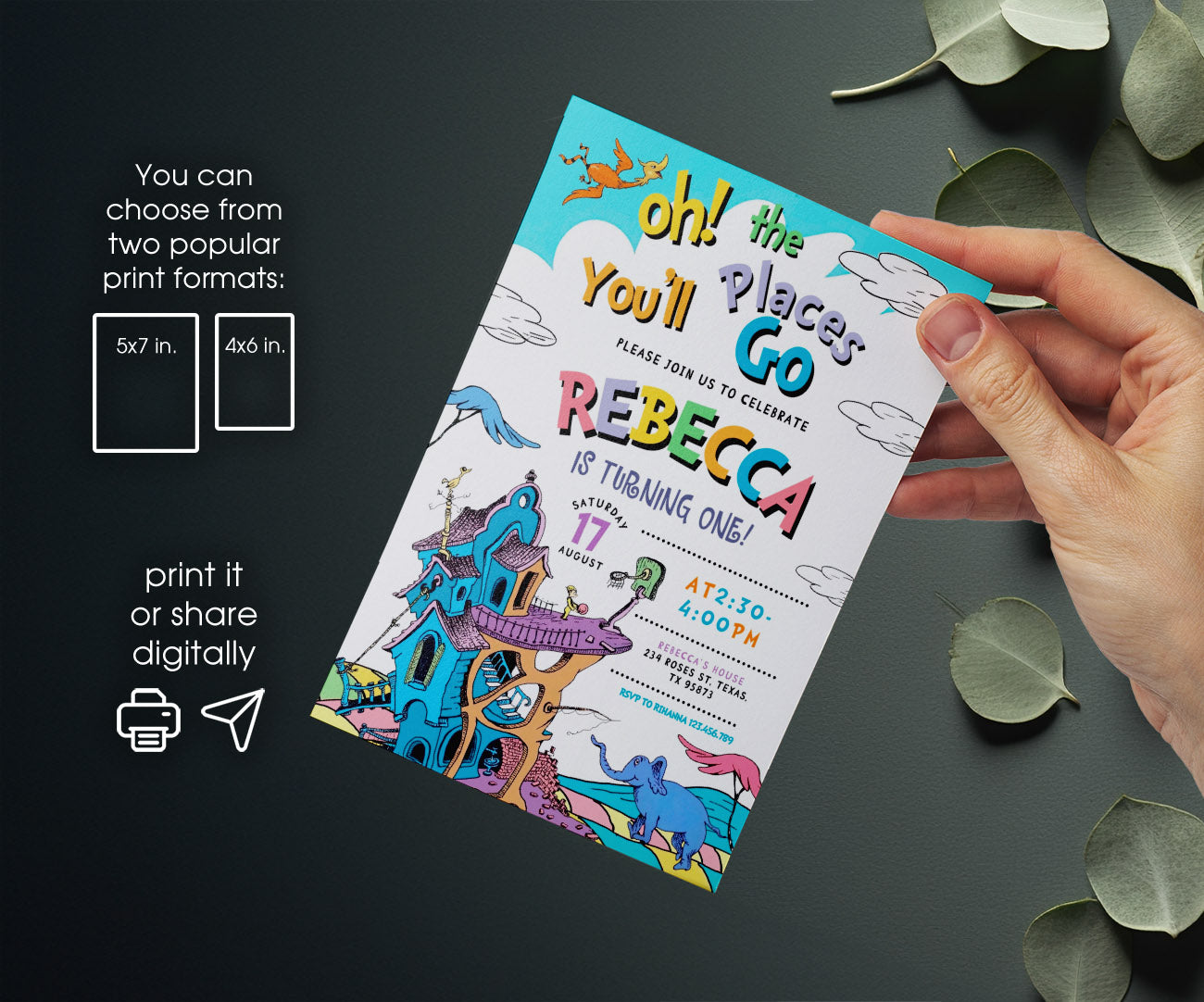 Dr Seuss Oh, the Places You'll Go customizable invitation template | Share or Print | WM241