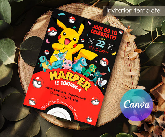 Pokemon Pikachu customizable invitation template | Share or Print | BW383