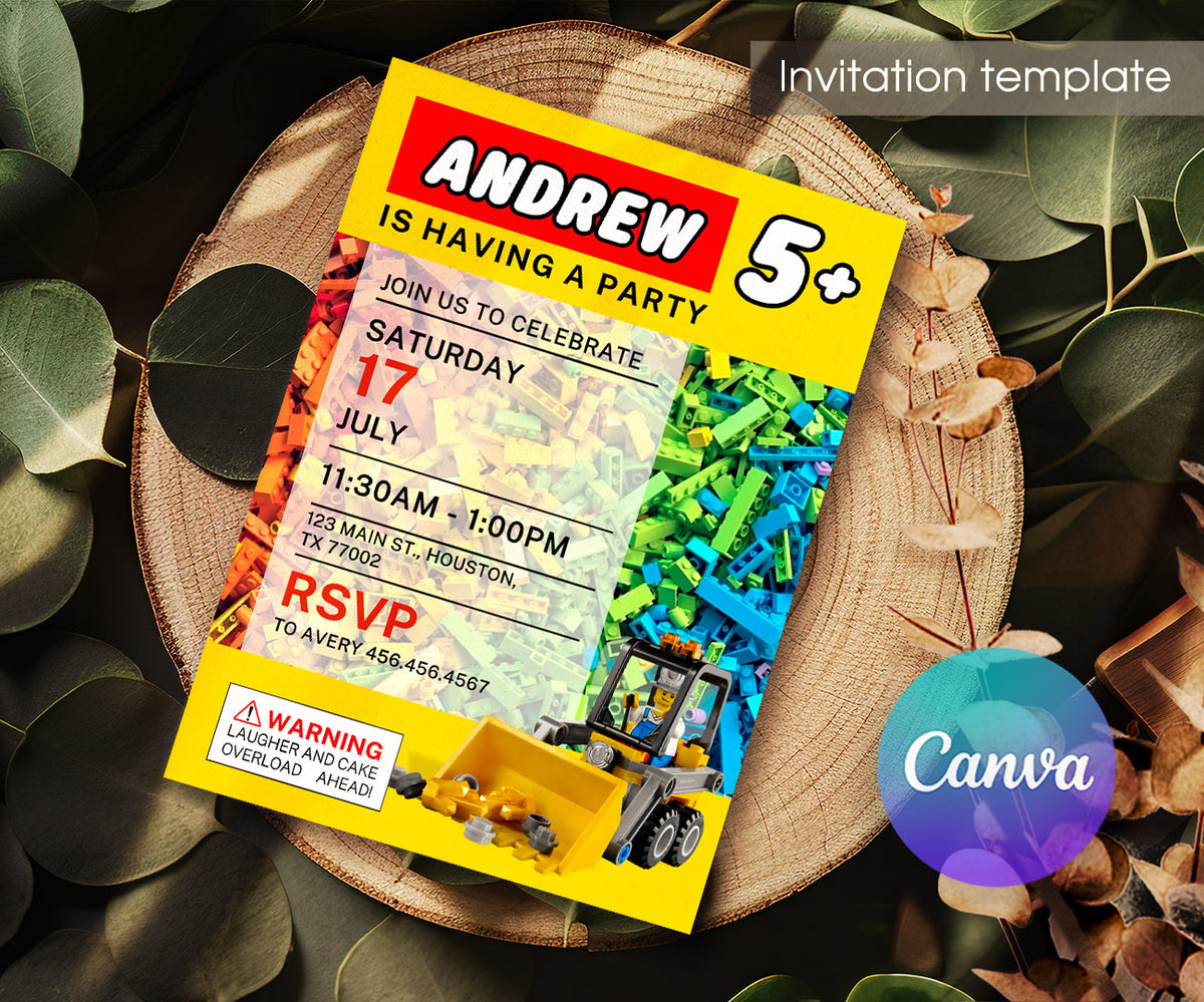 Lego Excavator customizable invitation template | Share or Print | boy | MG097