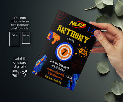 NERF Dart Wars customizable invitation template | Share or Print | boy | KG627