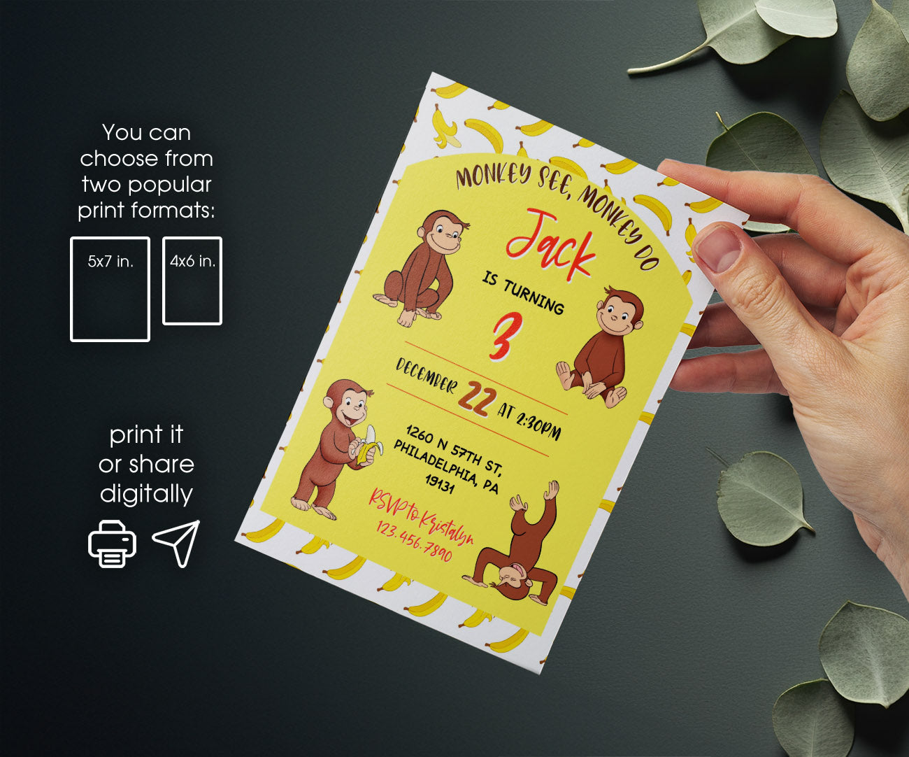 Curious George Monkey customizable invitation template | Share or Print | MQ462