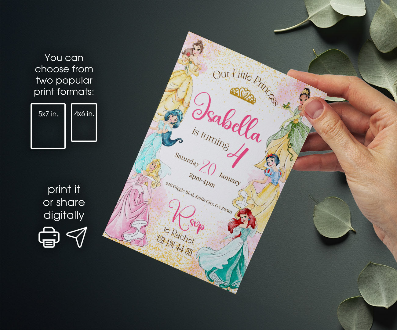 Disney Princess customizable invitation template | Share or Print | girl | QA348