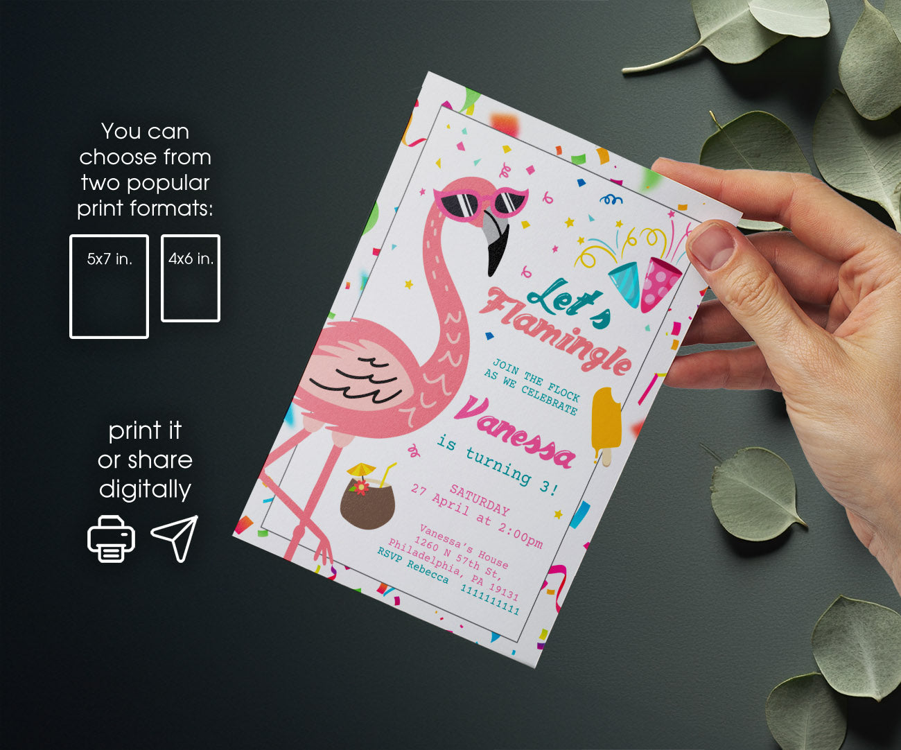 Flamingo Pink customizable invitation template | Share or Print | girl | AS188