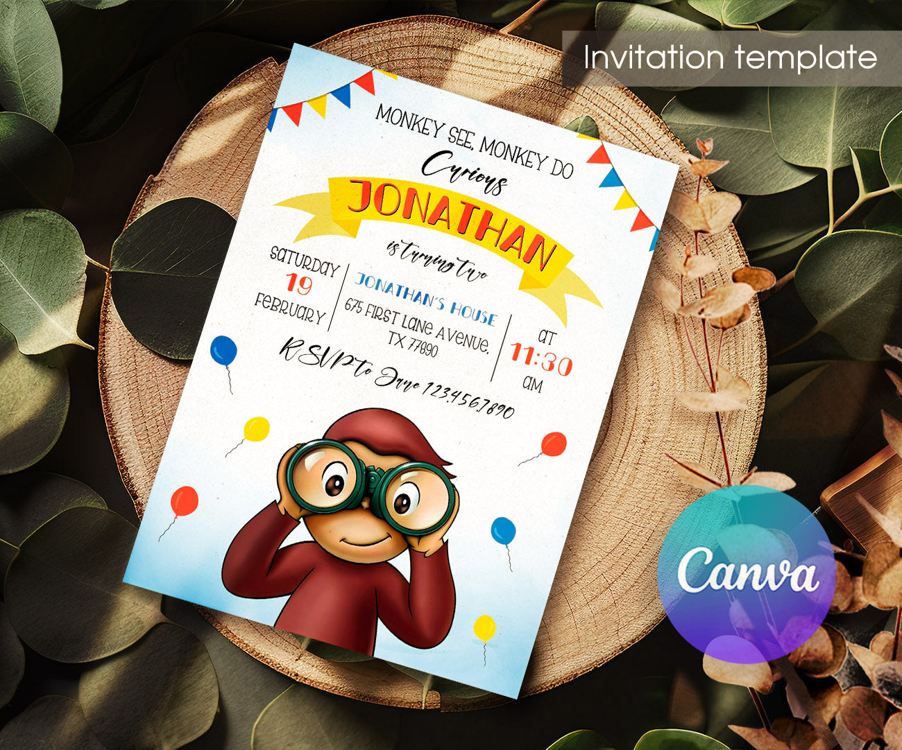 Curious George Monkey customizable invitation template | Share or Print | XX151