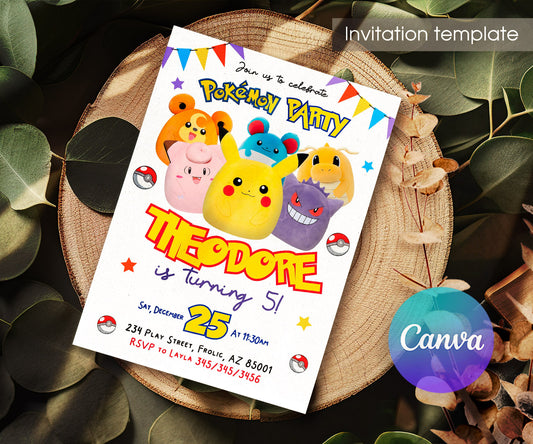 Squish Pokemon Pikachu customizable invitation template | Share or Print | BU103