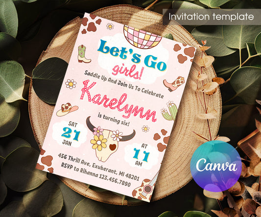 Cowgirl Pink Rodeo customizable invitation template | Share or Print | girl | JT106