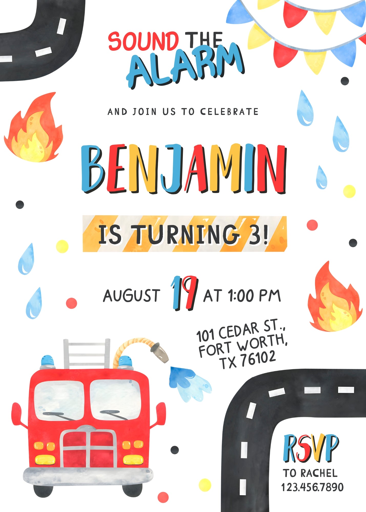 Firetruck Firefighter Fire Truck customizable invitation template | Share or Print | boy | FY130