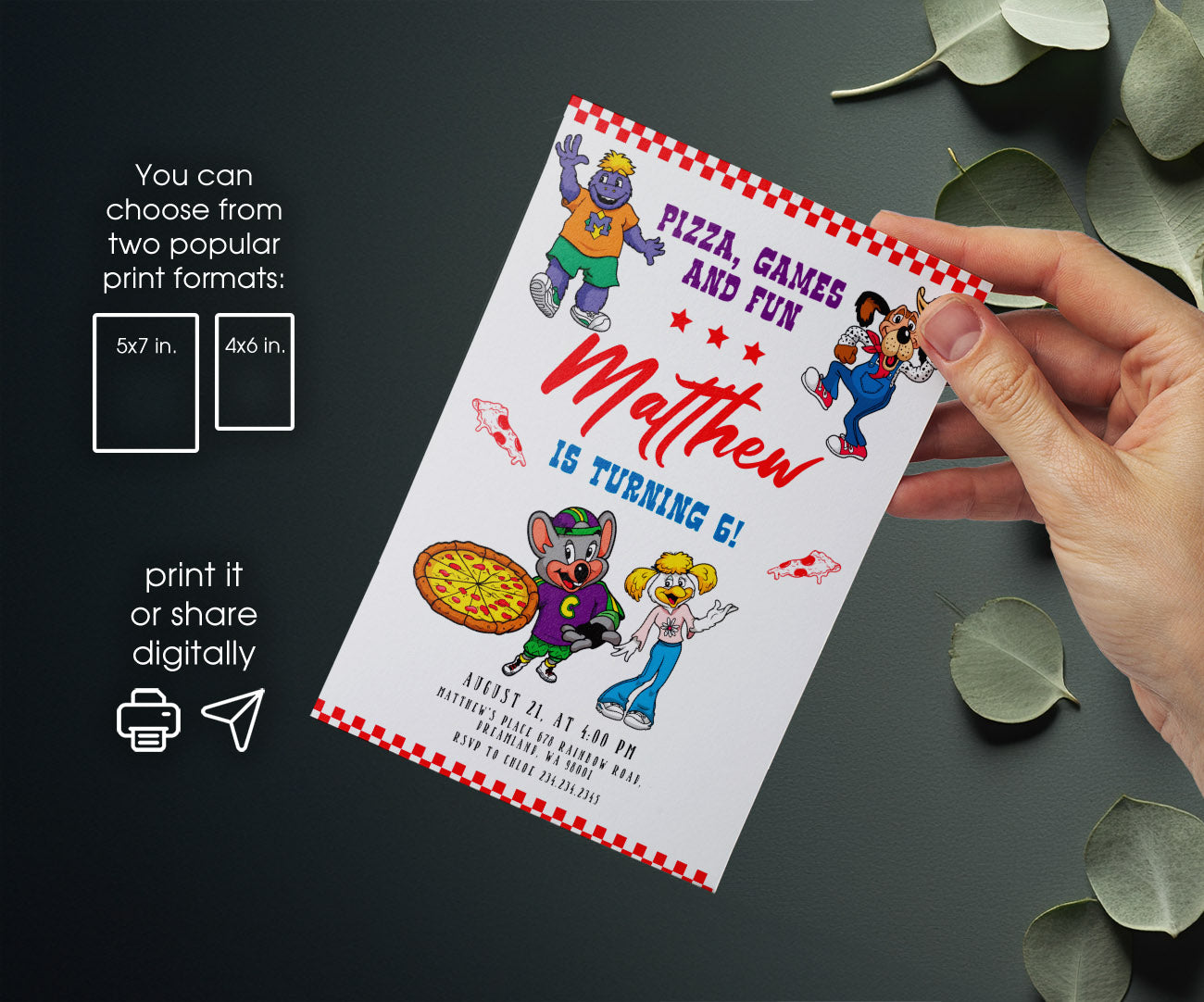 Chuck E. Cheese customizable invitation template | Share or Print | PJ685