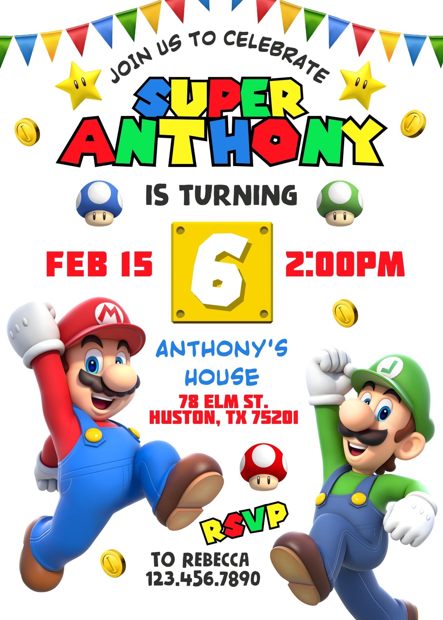 Super Mario Bros customizable invitation template | Share or Print | EB738