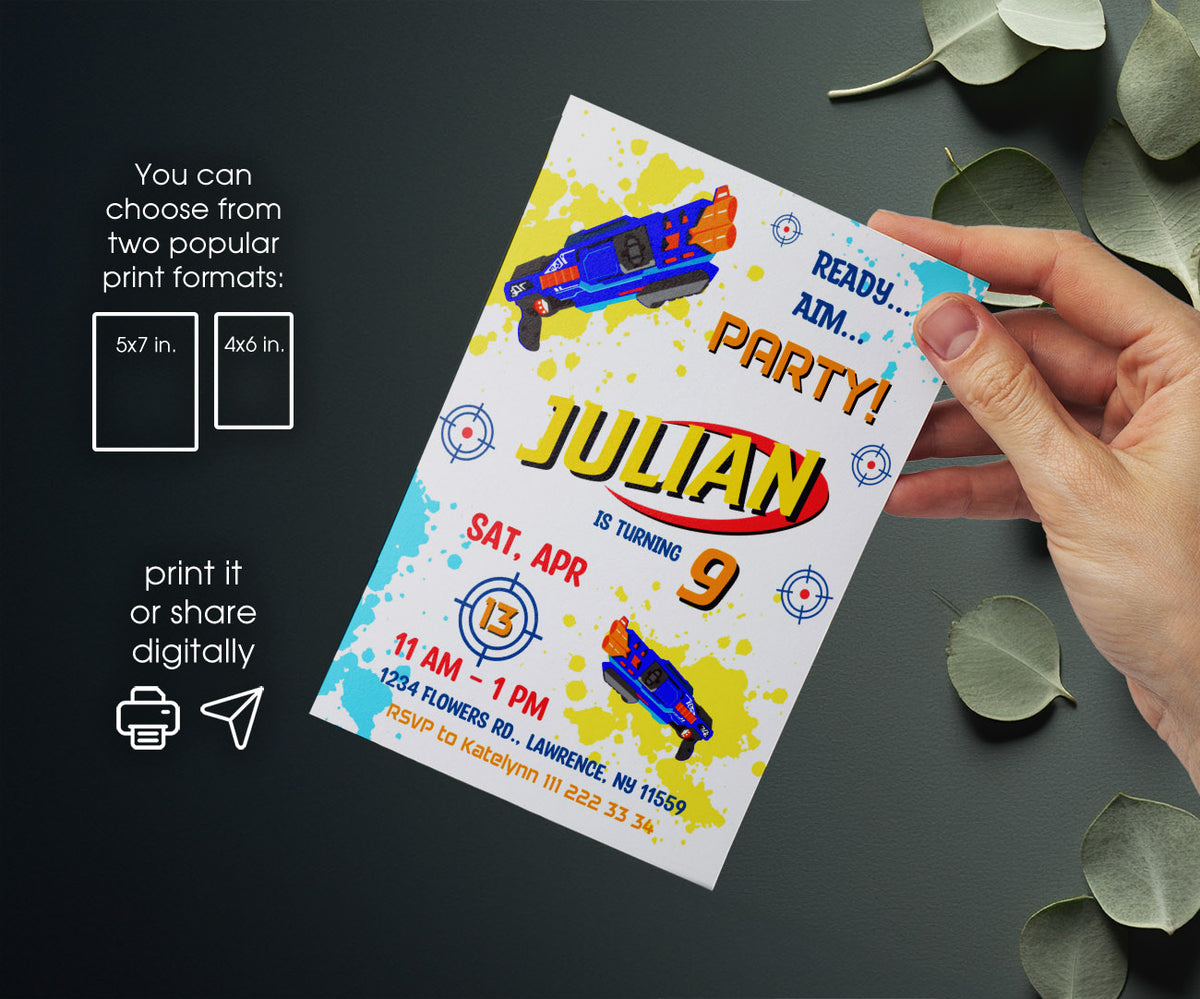 NERF Dart Wars customizable invitation template | Share or Print | boy | VB396