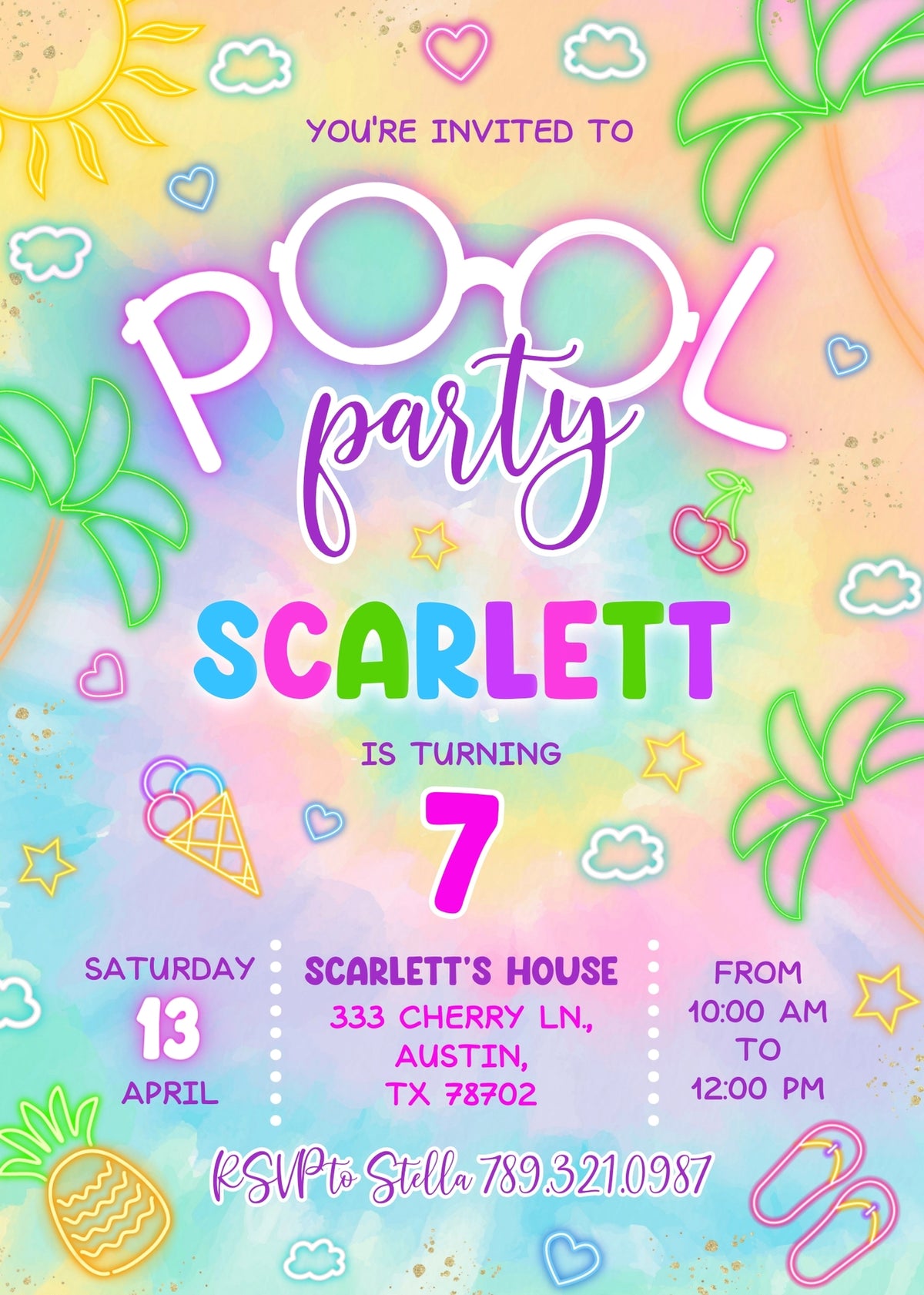 Neon Pool Party customizable invitation template | Share or Print | girl | DP361