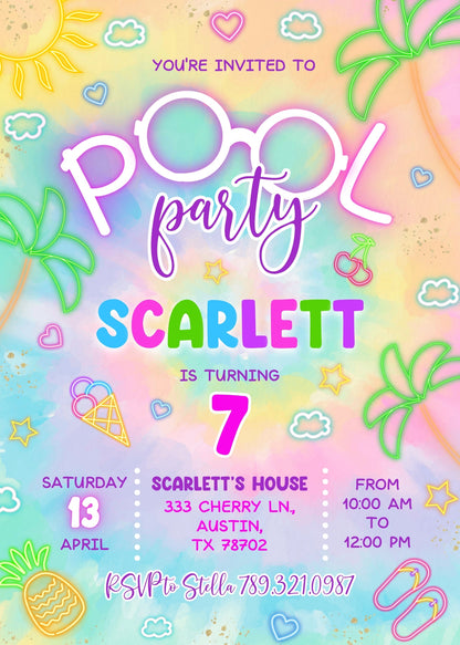 Neon Pool Party customizable invitation template | Share or Print | girl | DP361